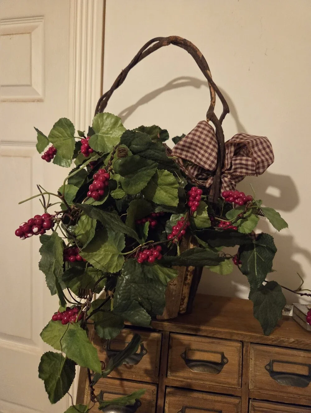 Decorative Red Berry and Greenery Basket Accent With Mini Lights BO